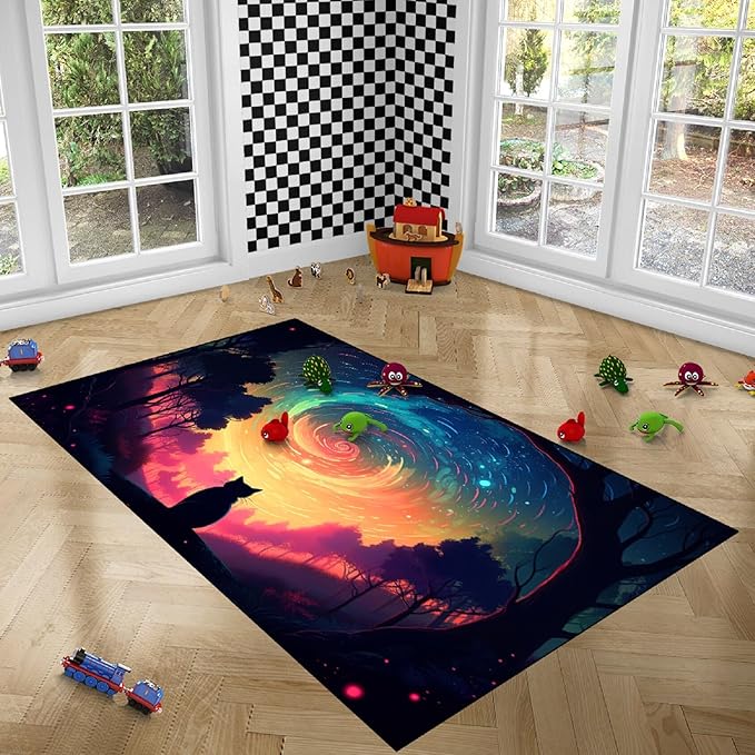 Moon Black Cat Rug - Mystical Stary Night Cat Rug for Kids Bedroom Colorful Black Cat Rug Decor Room Cat Door Mats Outdoor Entrance, 3x4 Feet - LeafyLoom