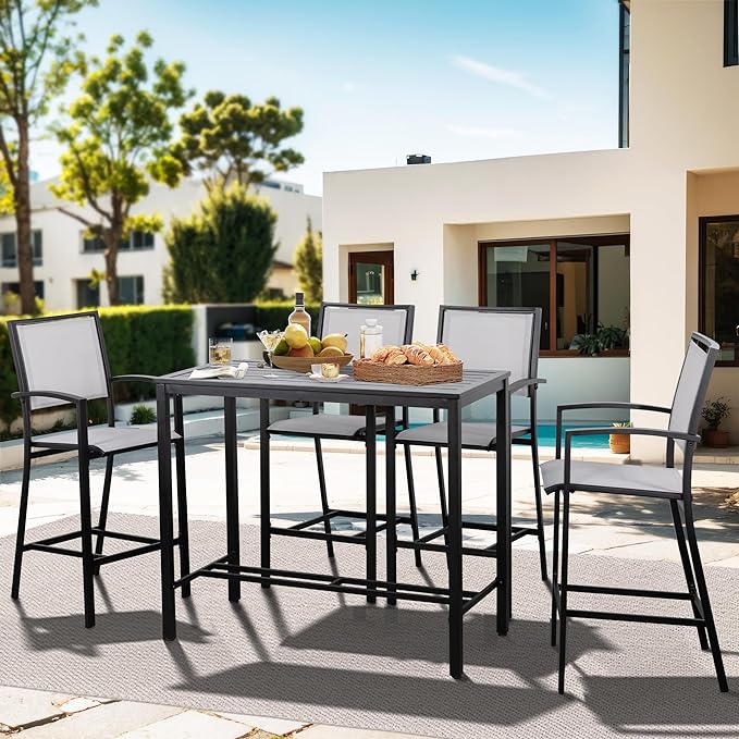 Shintenchi Patio Dining Sets, All Weather Textile Fabric Outdoor High Stool Bistro Set with 4 Bar Chairs and High Glass Table for Home, Backyard, Garden, Lawn, Porch, 5 Pieces - LeafyLoom