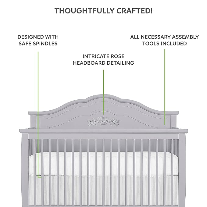 SweetPea Baby Rose 4-in-1 Convertible Crib in Silver Shimmer, Baby Crib with Spindles, Greenguard Gold Certified, Easy Assembly, Sustainable New Zealand Pinewood - LeafyLoom