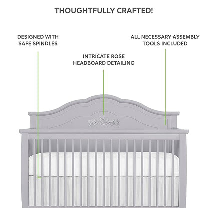 SweetPea Baby Rose 4-in-1 Convertible Crib in Silver Shimmer, Baby Crib with Spindles, Greenguard Gold Certified, Easy Assembly, Sustainable New Zealand Pinewood - LeafyLoom