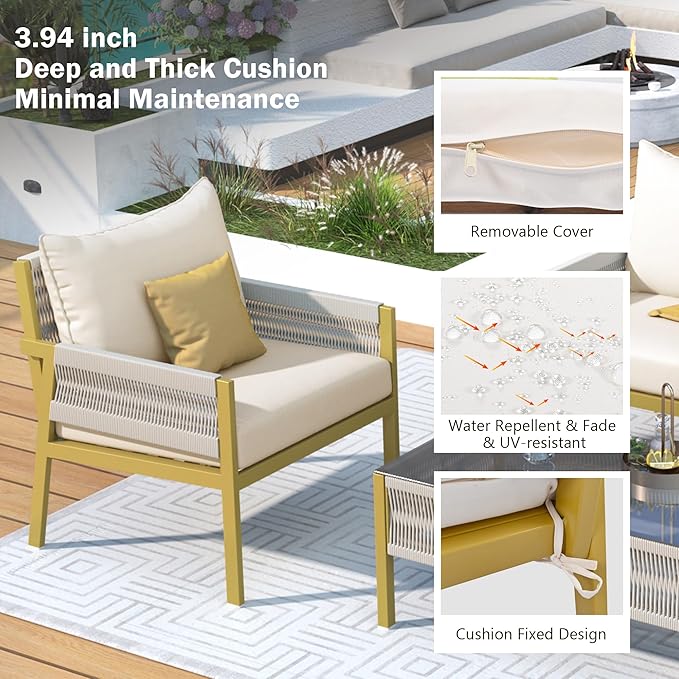 4-Piece Patio Conversation Furniture Set, Rope Weave Outdoor Loveseat Sofa with 2 Armchairs, Thick Cushion&Tempered Glass Table, for Garden Backyard, Onesize, Beige+Mustard Yellow - LeafyLoom