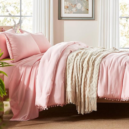 Anluoer Queen Comforter Set 7 Piece, Pink Bed in a Bag with Sheets, Pom Pom Boho Bedding Comforter Sets with 1 Comforter, 2 Pillow Shams, 2 Pillowcases, 1 Flat Sheet, 1 Fitted Sheet - LeafyLoom