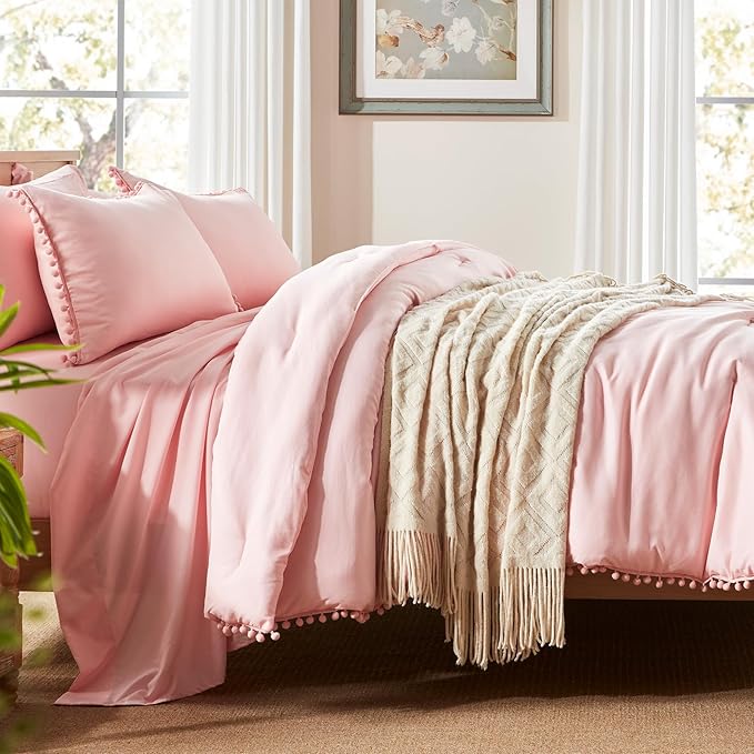 Anluoer King Comforter Set 7 Piece, Pink Bed in a Bag with Sheets, Pom Pom Boho Bedding Comforter Sets with 1 Comforter, 2 Pillow Shams, 2 Pillowcases, 1 Flat Sheet, 1 Fitted Sheet - LeafyLoom