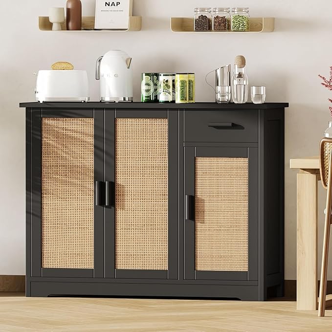 Irontar Kitchen Storage Cabinet, Sideboard Buffet Cabinet with Rattan Decorated Doors, Farmhouse Console Table with Drawer, Coffee Bar, Accent Table for Living Room, Black and Natural CWG010BM - LeafyLoom