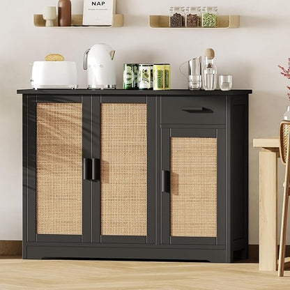 Irontar Kitchen Storage Cabinet, Sideboard Buffet Cabinet with Rattan Decorated Doors, Farmhouse Console Table with Drawer, Coffee Bar, Accent Table for Living Room, Black and Natural CWG010BM - LeafyLoom