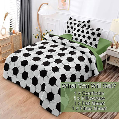 Soccer Comforter Set Twin for Boys Girls, 4 Pieces Soccer Bedding Twin Bed in a Bag Set with Sheets, Black and White Bed Sets for Teenage - LeafyLoom