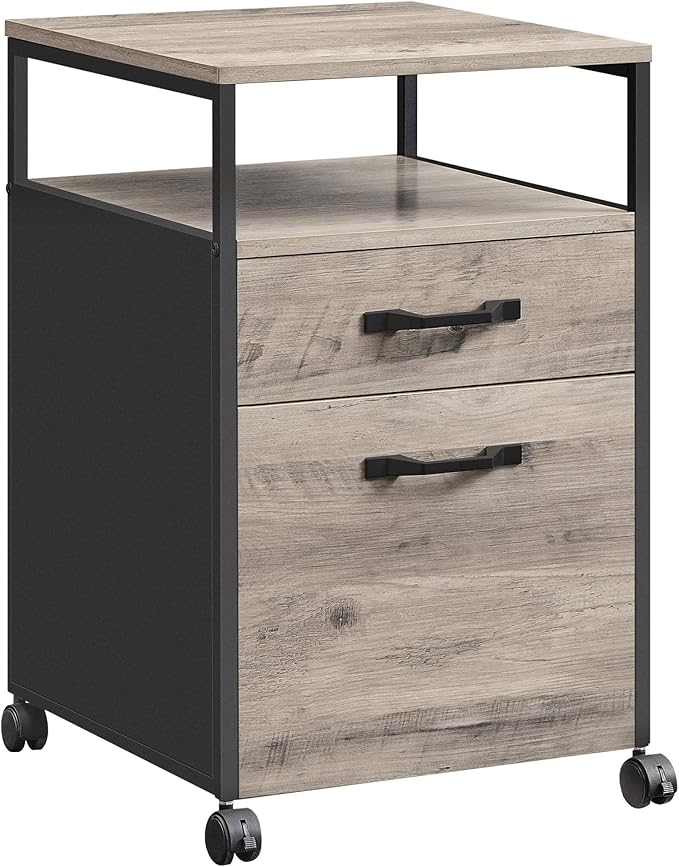 VASAGLE File Cabinet, Mobile Filing Cabinet with Wheels, 2 Drawers, Open Shelf, for A4, Letter Size, Hanging File Folders, Heather Greige and Ink Black UOFC071B02 - LeafyLoom