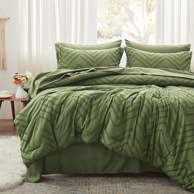 Anluoer Queen Comforter Set, Olive Green Tufted Bed in a Bag 7 Pieces with comforters and sheets, All Season Bedding Sets with 1 Comforter, 2 PillowShams, 2 Pillowcases, 1 Flat Sheet, 1 Fitted Sheet - LeafyLoom