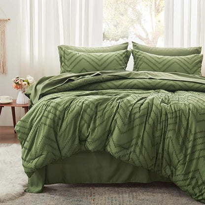 Anluoer Queen Comforter Set, Olive Green Tufted Bed in a Bag 7 Pieces with comforters and sheets, All Season Bedding Sets with 1 Comforter, 2 PillowShams, 2 Pillowcases, 1 Flat Sheet, 1 Fitted Sheet - LeafyLoom