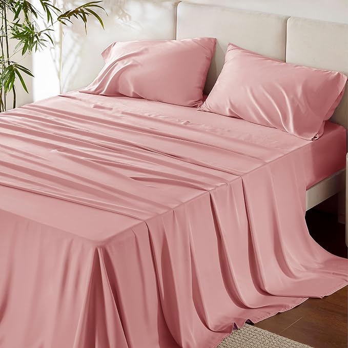 Bedsure Full Size Sheets, Cooling Sheets Full, Rayon Derived from Bamboo, Deep Pocket Up to 16", Breathable & Soft Bed Sheets, Hotel Luxury Silky Bedding Sheets & Pillowcases, Blush Pink - LeafyLoom