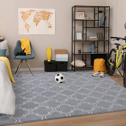 Chicrug Shag Geometric Modern Area Rug for Living Room, 7x10 Feet Large Memory Foam Indoor Carpet, Fluffy Rug for Bedroom Bedside Room Decor for Family Girls Kids Nursery, Grey/White - LeafyLoom