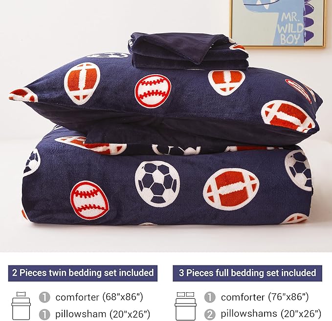 Mooreeke Glow in The Dark Full Plush Fleece Comforter Bed Set, Soft & Warm 3 Piece Bed in A Bag with Sham, Velour Velvet Football Basketball Soccer Rugby Boys Kids Bedding Set, Fluffy Fuzzy Polar Cozy - LeafyLoom