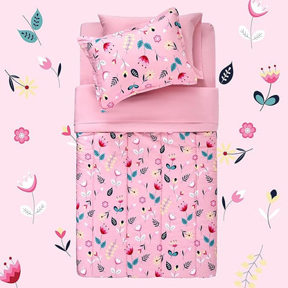 SLEEP ZONE Kids Bedding Comforter Set Full/Queen Size - Super Cute & Soft Kids Bedding 7 Pieces Set with Comforter, Sheet, Pillowcase & Sham (Pink Flower) - LeafyLoom