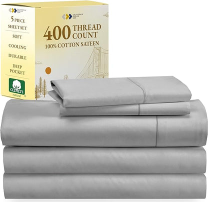 Split King Sheets for Adjustable Bed, Soft 100% Cotton Sheets, 400 Thread Count Sateen, 5 Pc Set - 2 Twin-XL Fitted Sheets, Deep Pocket Sheets, Cooling Sheets, Beats Egyptian Cotton Claim (Light Grey) - LeafyLoom