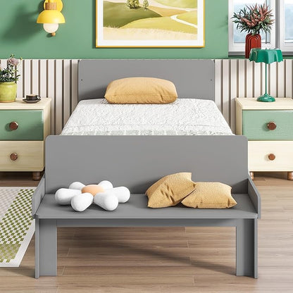 Twin Bed with Footboard Bench, Twin Kid Bed with Headboard, Wood Slat Support, Cute Kid Bed Frame with Book Storage Space, Twin Car Bed for Boys Girls Bedroom, No Box Spring Needed, Grey - LeafyLoom