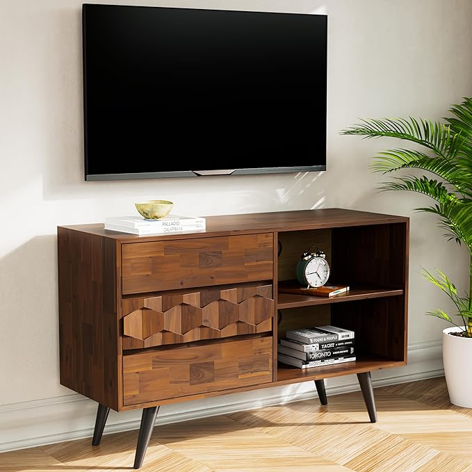 Bme Georgina 45 Inch Solid Wood TV Stand & Signature Queen Bed Frame with Handcrafted Geometric Headboard, Walnut - LeafyLoom