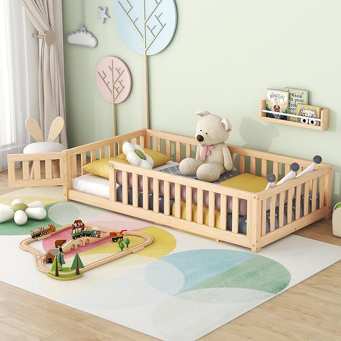 Multifunctional Twin Size Floor Bed with Safety Guardrails and Door, Removable Wood Slats, Montessori Beds Frame for Toddlers, for Boys and Girls, Natural - LeafyLoom