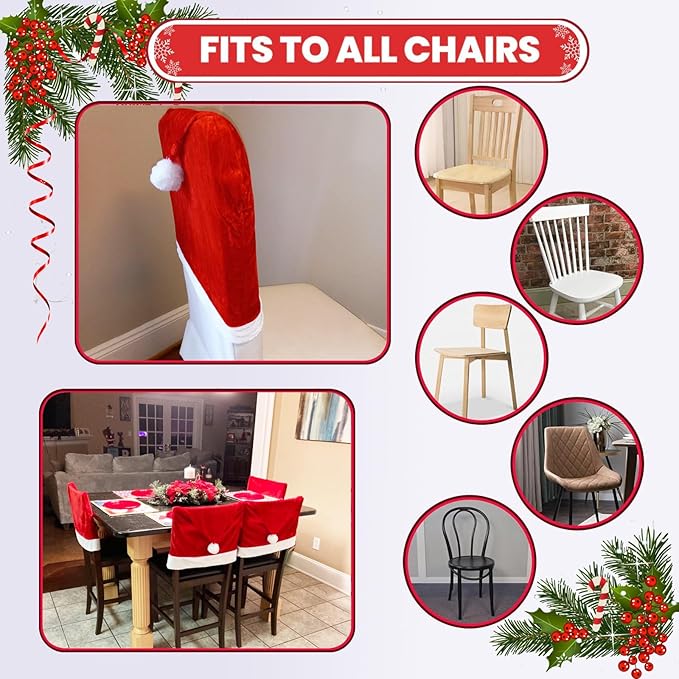 Christmas Chair Covers Set of 6,Red and White Santa Claus Hat Chair Back Covers for Xmas Holiday Festival Indoor Kitchen Bar Counter Stools Decorations Dining Room Table Decor Satxtrem