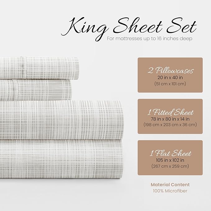 Linen Market 4 Piece King Bedding Sheet Set (Gray Thatch) - Sleep Better Than Ever with These Ultra-Soft & Cooling Bed Sheets for Your King Size Bed - Deep Pocket Fits 16" Mattress - LeafyLoom