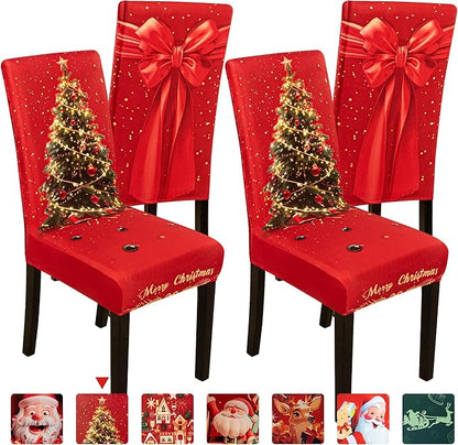 4PCS Christmas Dining Chair Covers Stretch Removable Washable Dining Room Chair Protector Slipcover 3D Print Xmas Tree Bow Tie Kitchen Chair Cover Slipcovers for Xmas Holiday Party Home Décor CZL