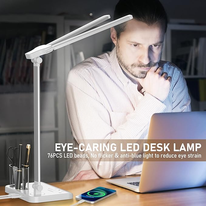 LED Desk Lamp Dimmable Table Lamp with USB Charging Port, 50 Lighting Modes, Adjustable Foldable Dual Swing Arm Architect Desk Lamp for Home Office, Eye-Caring Reading Lamp w/ Pen Holder 45min Timer - LeafyLoom