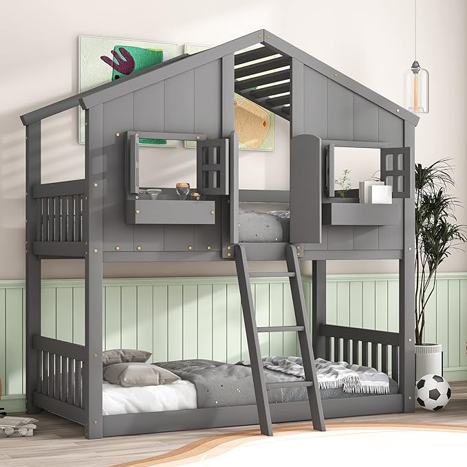 Twin Size House Bunk Bed with Roof, Door, Window and Small Box, Wooden Low Bunkbed Frame with Safety Guardrails and Ladder, for Kids Teens Bedroom, Twin Over Twin, Grey - LeafyLoom