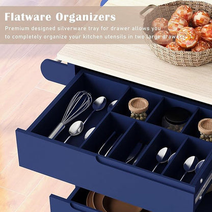 Kitchen Island with Storage, Rolling Table on Wheels w/Handle-Free Drawers Including a Flatware Organizer for Dinning Room, Rubber Wood Contertop - LeafyLoom