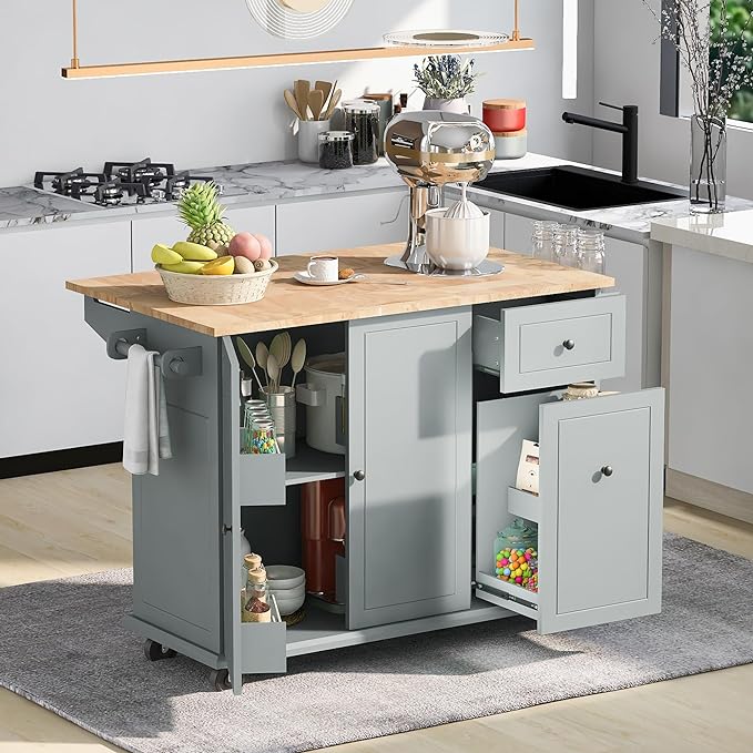 53.9" Drop Leaf, Rolling Island on Wheels w/Drawer and 3-Tier Pull Out Cabinet Organizer, Kitchen Storage Cart with Spice, Towel Rack, Grey Blue, 53.94 Inch - LeafyLoom