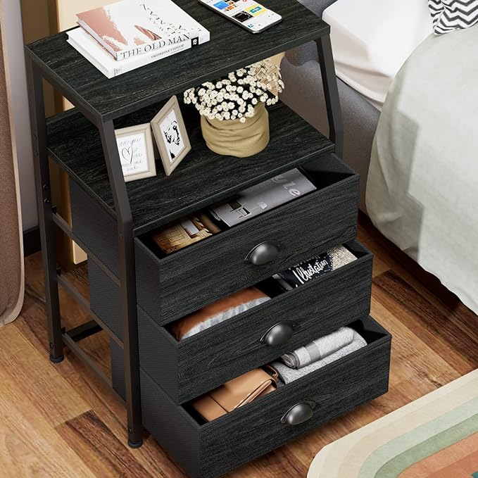 Furnulem Black Dresser for Bedroom, Small Nightstand with 3 Fabric Storage Drawers and 2-Tier Shelf, End Table Side Furniture for Closet, Hallway, Nursery, Sturdy Steel Frame, Wood Top (Black Oak) - LeafyLoom