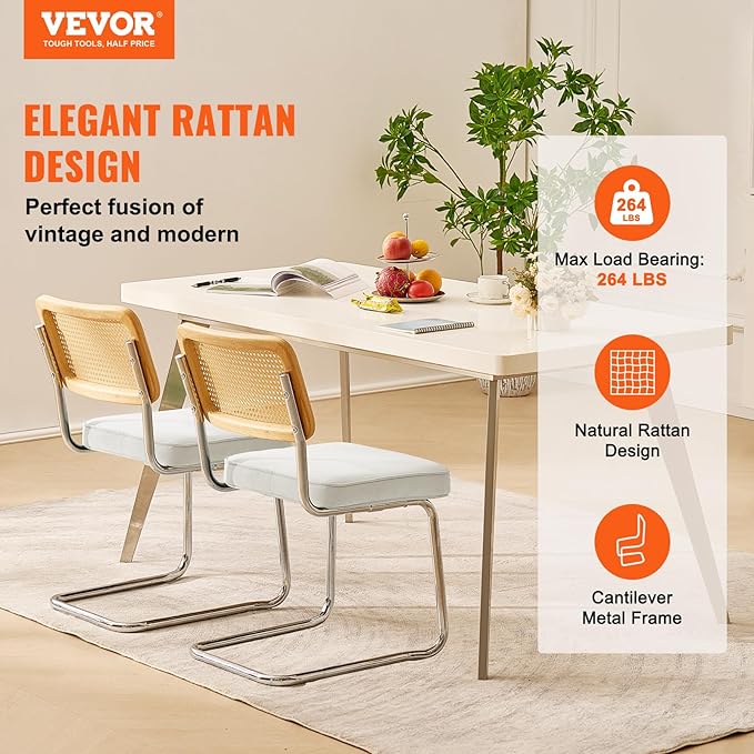 VEVOR Rattan Dining Chairs Set of 2, Mid Century Modern Dining Chair, Upholstered Velvet Accent Chair with Rattan Back, Retro Dining Room Kitchen Chair for Living Room, Bedroom, Office (18.1 Inch) - LeafyLoom