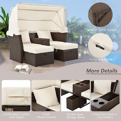 2-Seater Outdoor Patio Convertible Sunbed, All Weather Rattan Double Daybed Couch Foldable Awning, Cushions and Storage Boxes, Loveseat Sofa Set for Garden, Poolside, Balcony, Ab-Beige - LeafyLoom