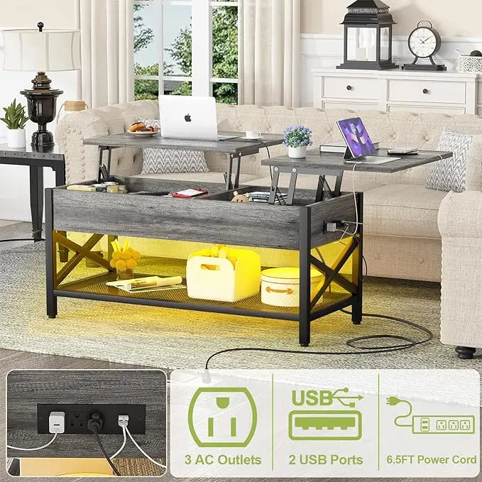 Aheaplus Coffee Table, Lift Top Coffee Table with LED light and Power Outlet, Modern Lift-Top Table with Storage Shelf, Center Table for Living Room, Lift Tabletop, X Support, Metal Frame, Black Oak - LeafyLoom