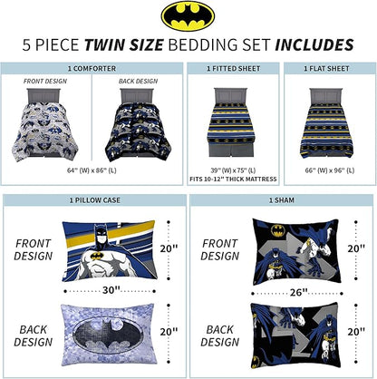 Franco Kids Bedding Super Soft Comforter and Sheet Set with Sham, 5 Piece Twin Size, Batman - LeafyLoom