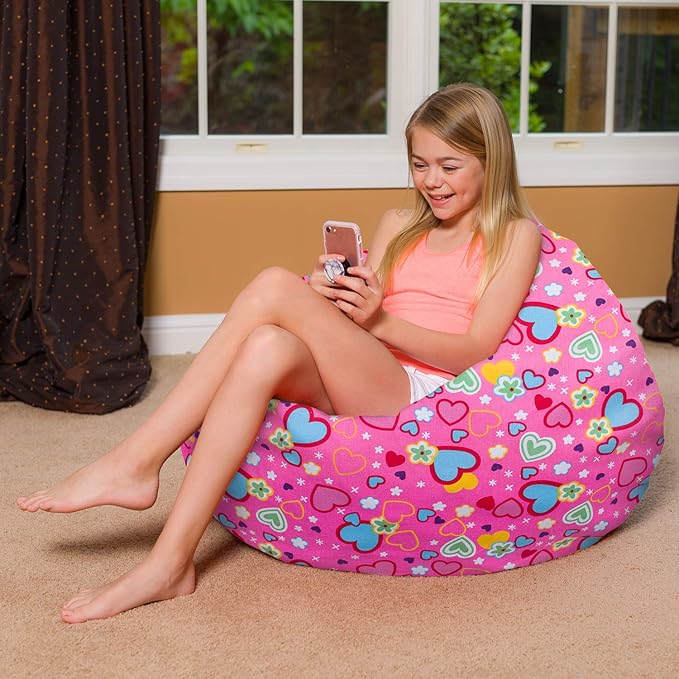 Posh Creations Bean Bag Chair for Kids, Teens, and Adults Includes Removable and Machine Washable Cover, Canvas Multi-Colored Hearts on Pink, 38in - Large - LeafyLoom