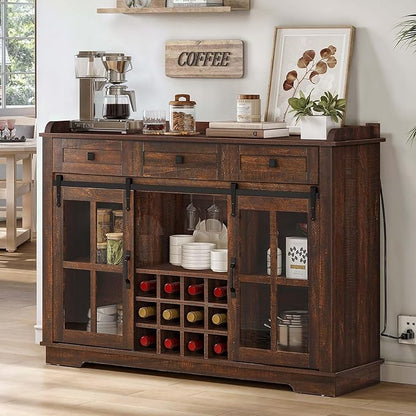 DWVO Farmhouse Coffee Bar Cabinet with Sliding Door and Drawers, 53" Kitchen Sideboard Buffet Cabinet, Home Bar Cabinet with Wine Rack for Kitchen Living Room, 3 Drawers Storage Cabinet, Brown Oak - LeafyLoom