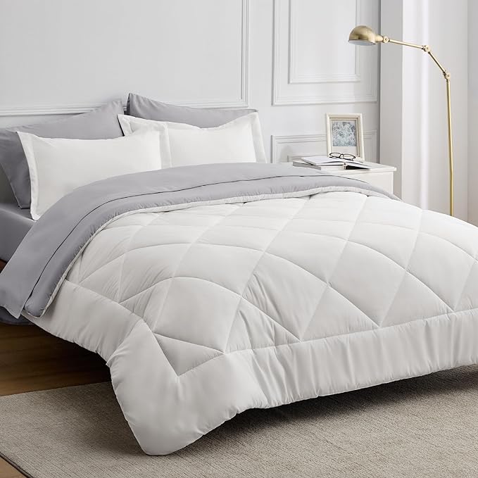 Bedsure Ivory King Size Comforter Set - 7 Pieces Reversible King Bed in a Bag, King Bed Set Ivory and Grey with Comforters, Sheets, Pillowcases & Shams - LeafyLoom