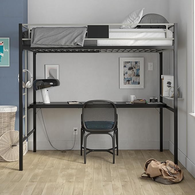 DHP Screen Loft Metal Bunk Bed with Desk and Ladder, Space-Saving Design, Silver Twin - LeafyLoom