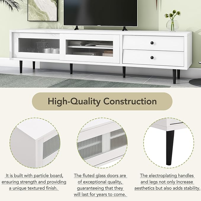 NicBex TV Stand for 75 Inch TV Modern TV Media Console Table with Sliding Fluted Glass Doors,Entertainment Center with Storage for Living Room,70.86 Inch,White - LeafyLoom