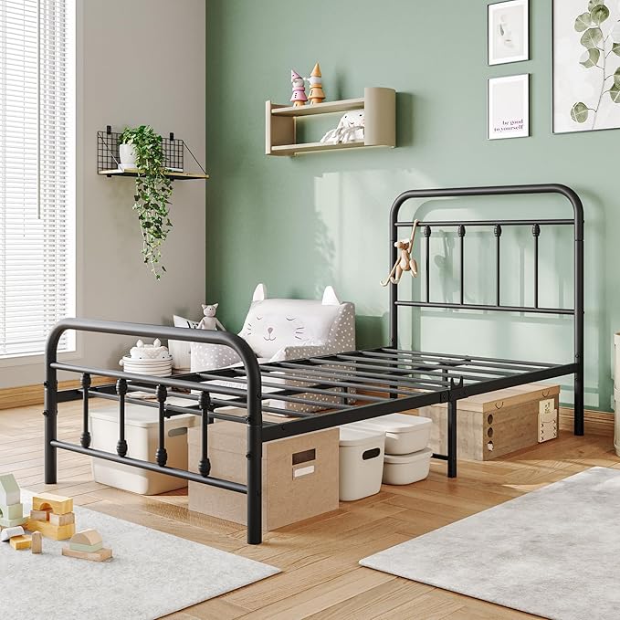 Vintage Twin Size Bed Frame with Headboard and Footboard Mattress Heavy Duty Metal Platform, Steel Slat Support (Twin, Black Sanded) - LeafyLoom