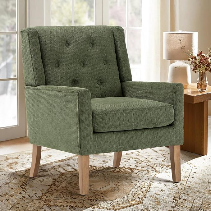 COLAMY Mid-Century Accent Chairs, Modern Wingback Living Room Chair, Upholstered Armchair with Button Tufted Back and Wood Legs for Bedroom/Office/Reading Spaces, Green - LeafyLoom