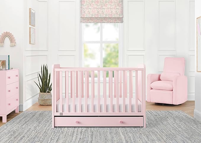 babyGap by Delta Children Graham 4-in-1 Convertible Crib with Storage Drawer TrueSleep Crib and Toddler Mattress (Bundle), Blush Pink/Dark Pink - LeafyLoom