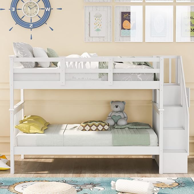 Twin Over Twin Bunk Bed with Storage Stairs, Detachable into Two Platform Bedframe, Wooden Bunkbeds with Staircase, Bedroom Furniture for Kids Teens Adults, White - LeafyLoom