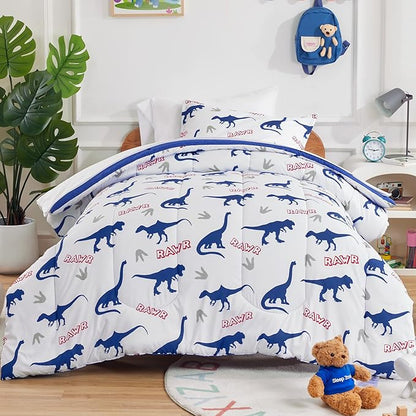 SLEEP ZONE Kids Bedding Set for Boys, Dinosaur Pattern, Super Soft and Breathable, All Season Use Comforter Set, 7 Pieces (Dinosaur Footprints, Full/Queen) - LeafyLoom