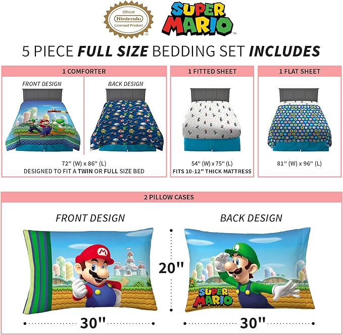 Franco Kids Bedding Super Soft Comforter and Sheet Set, (5 Piece) Full Size, Mario - LeafyLoom