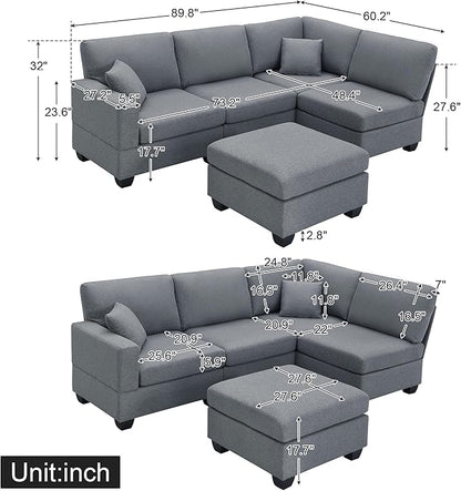 89.8" Modern Sectional Sofa with Convertible Ottoman and 2 Pillows,L-Shape Linen Fabric Corner Couch 5 Set W/Back & Cushion,can Hold up to 330 Lbs,for Apartment,Living Room,Dark Grey - LeafyLoom