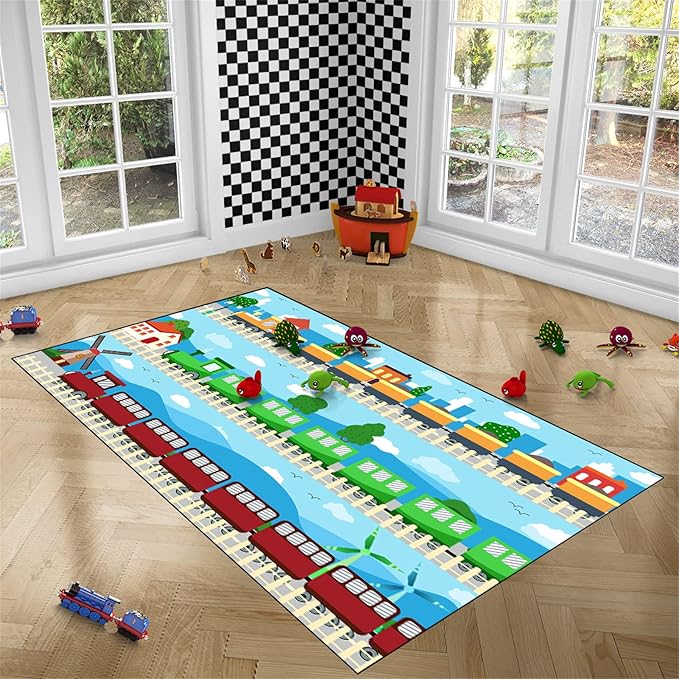 Train Rug Car Rug Play Mat Truck Rugs for Boys Room Kids Car Rug Truck Car Rug Car Carpet for Kids Kids Rugs for Playroom Car Rug for Boys Room,Light Blue 3'×4' - LeafyLoom