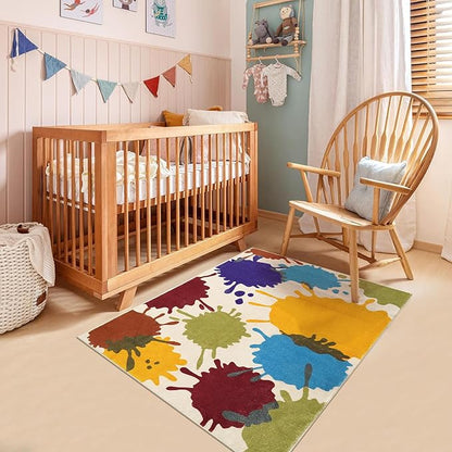 Colorful Kids Room Rug, 3'x5' Machine Washable Rug for Playroom, Paint Splatter Rainbow Area Rugs for Classroom, Soft Aesthetic Nursery Rug Throw Kids Play Mat for Bedroom Office Preschool - LeafyLoom