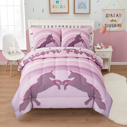 Kids Bedding Set Bed in a Bag for Boys and Girls Toddlers Printed Sheet Set and Comforter, Full, Unicorn Forever - LeafyLoom