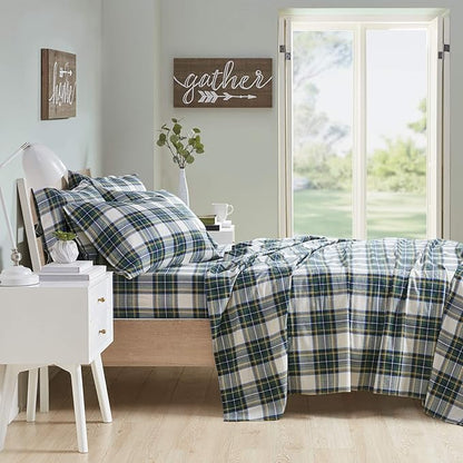 Comfort Spaces Cotton Flannel Breathable Warm Deep Pocket Sheets with Pillow Case Bedding, King, Green Plaid Scottish Plaid 4 Piece - LeafyLoom