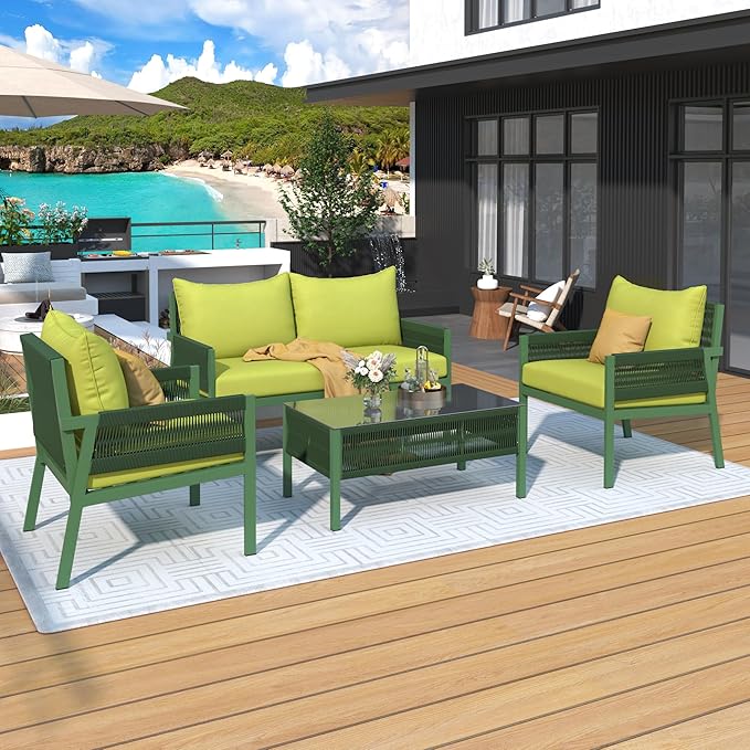 4 Piece Patio Furniture Set, Outdoor FSC Certified Acacia Wood Conversation Set, All-Weather Rope Sofa Set w/Tempered Glass Table, Loveseat for Lawn Balcony Poolside, Backyard, Backyard - LeafyLoom